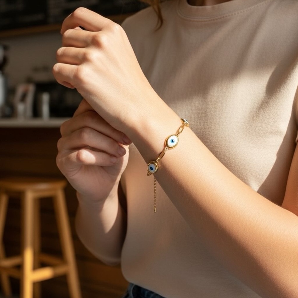 Gold Evil Eye Bracelet with Blue and White Accents